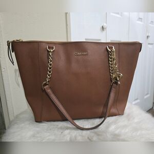 Calvin Klein Large Tan Brown W/ Gold Chain Straps Tote Shoulder Bag Purse